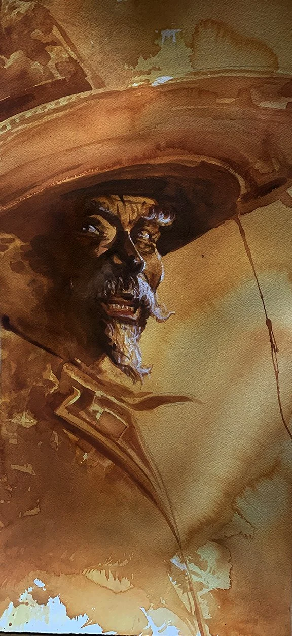 "Old Vaquero #2", original gouache painting, 30"h x 22.5"w, 2022. PRICE $1,500