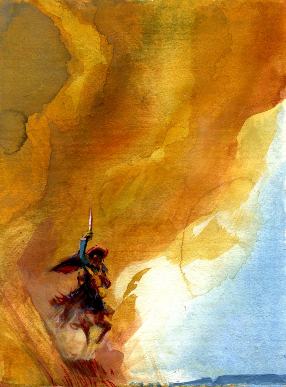 "Somewhere In Sonoran A Smoking Captivo On A Grinning Jack Rides Out of A Very Tall Dust Devil", original gouache painting, 12"h x 9"w, 2022 PRICE: $400