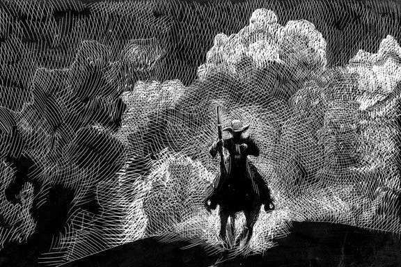 Bass Reeves On The Hunt, original illustration on scratchboard, 12"h x 18"w, 2021 PRICE $7508
