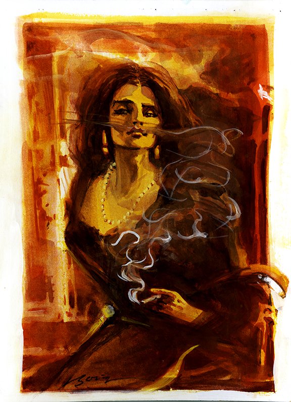 Temptress Smokescreen, original gouache painting, 12"h x 9"w, 2022 PRICE $400