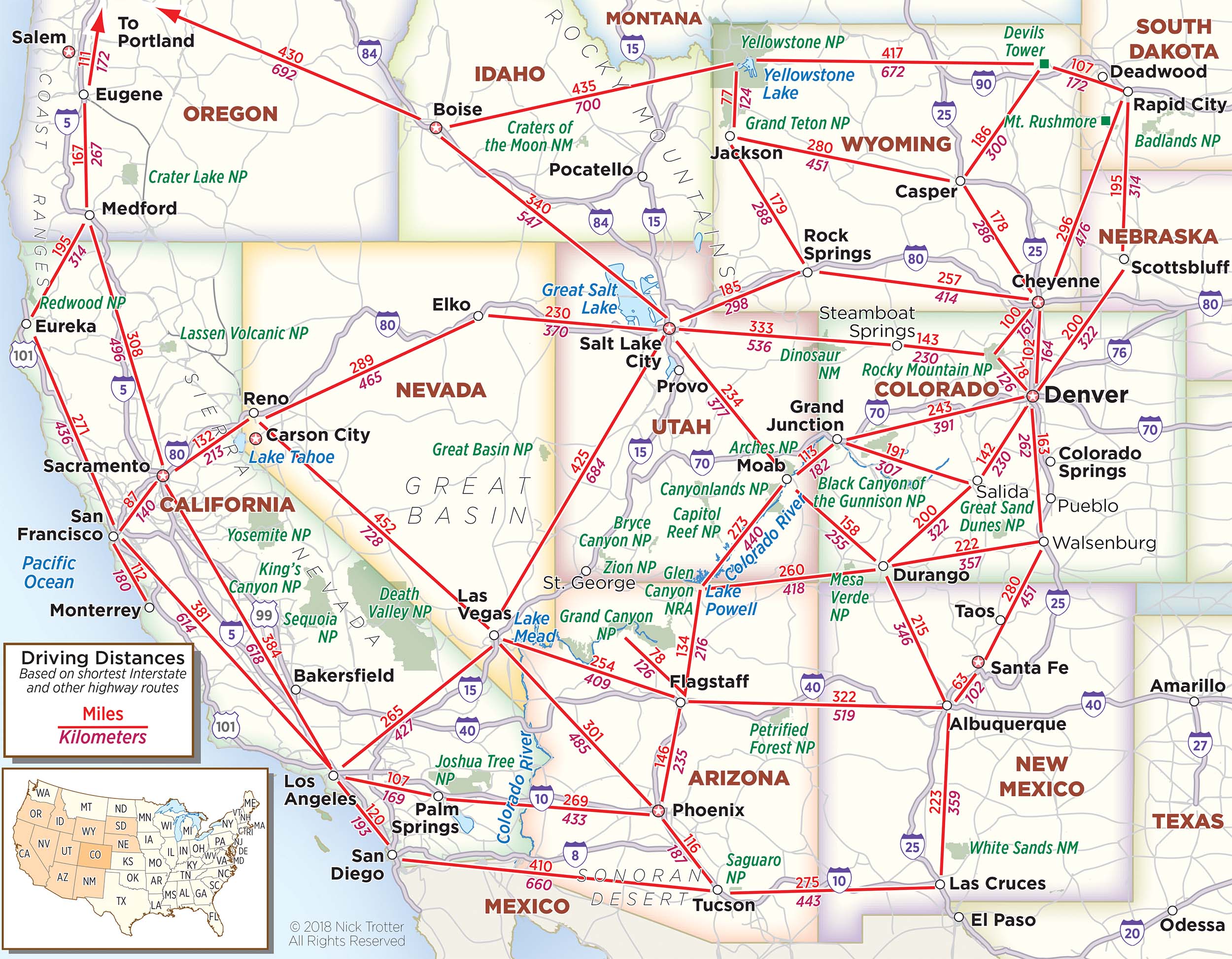The Gateway to the West map for the Destination Planning Guide shows car travel times and distances for most of the western United States.