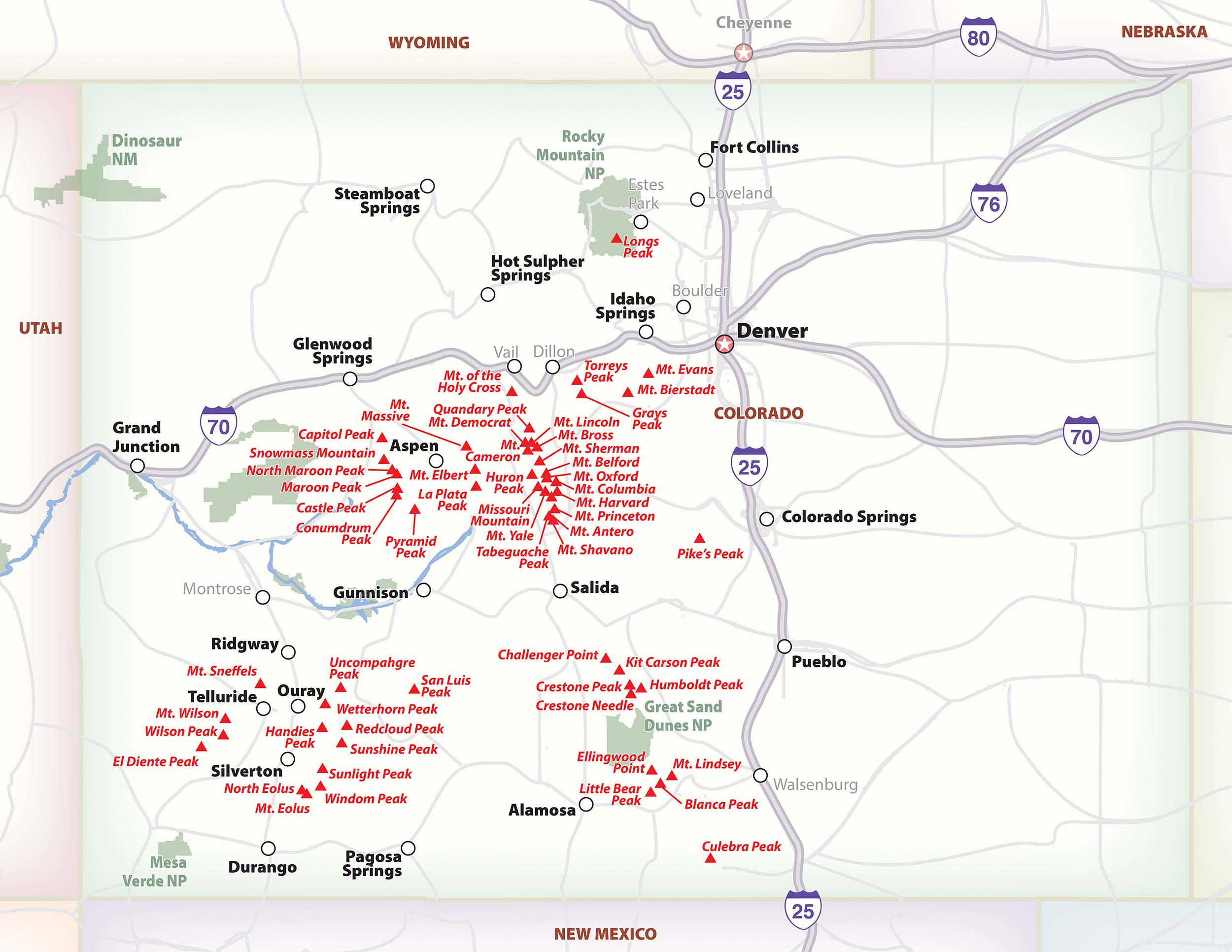 A quick map of Colorado’s 14,000-foot mountain peaks. Designed to quickly impress rather than function as a navigation tool!