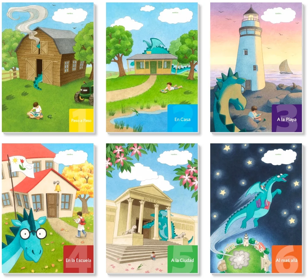 Covers of the six workbooks show our shy dragon gradually coming out of his shell through reading!