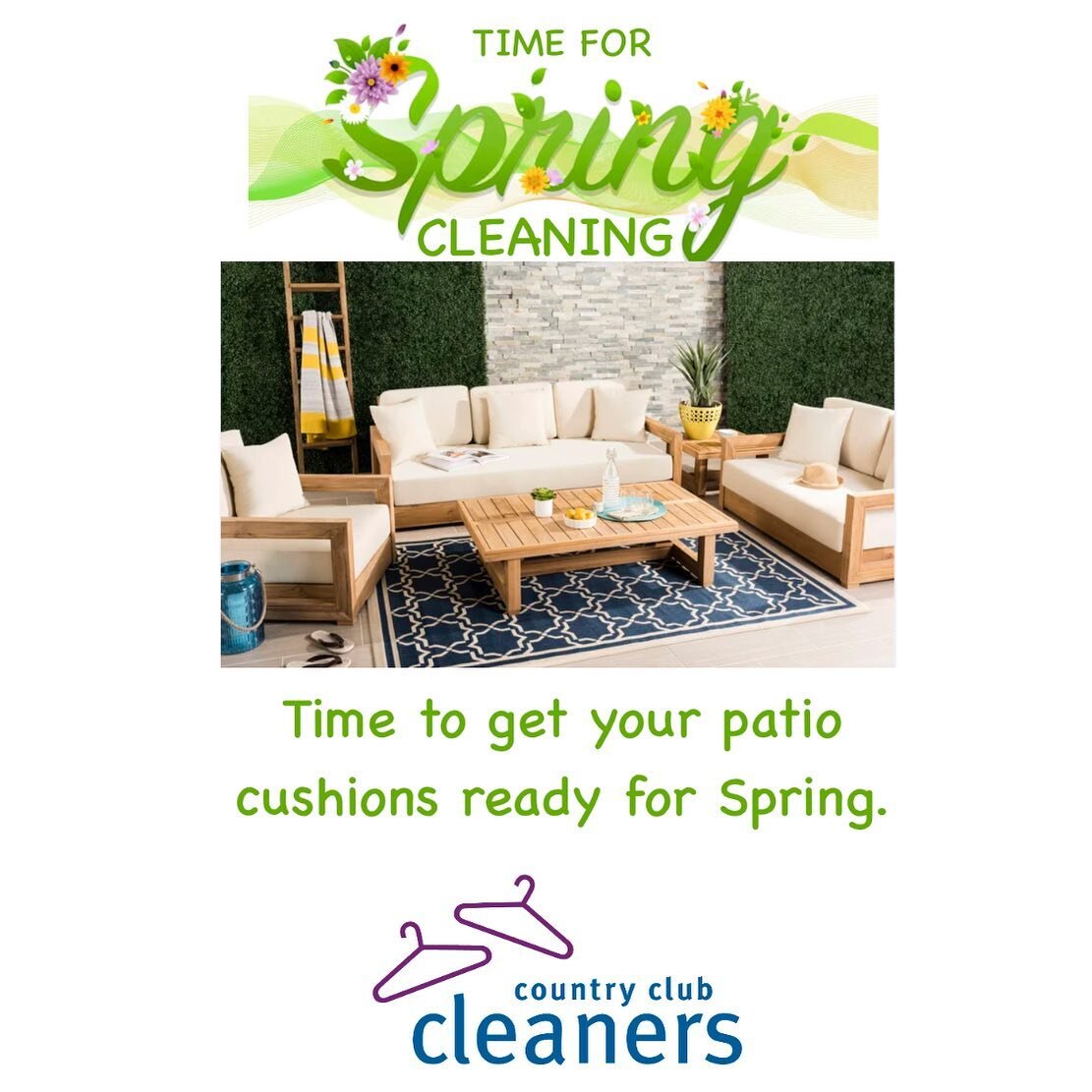Time to get your patio cushions cleaned! Country Club Cleaners provides free pick up and delivery of your patio cushions and all of your spring cleaning needs.  We will clean your patio cushions by hand and get them back to looking brand new just in 