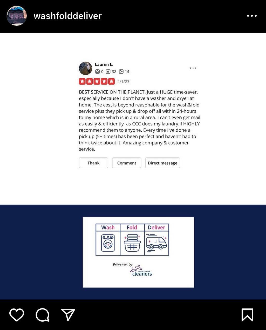 Awesome review for our wash and fold service! Providing next day delivery in San Ramon, Danville, Diablo, Blackhawk, Dublin, Pleasanton, Livermore and Alamo!  Thanks for the awesome review Lauren!