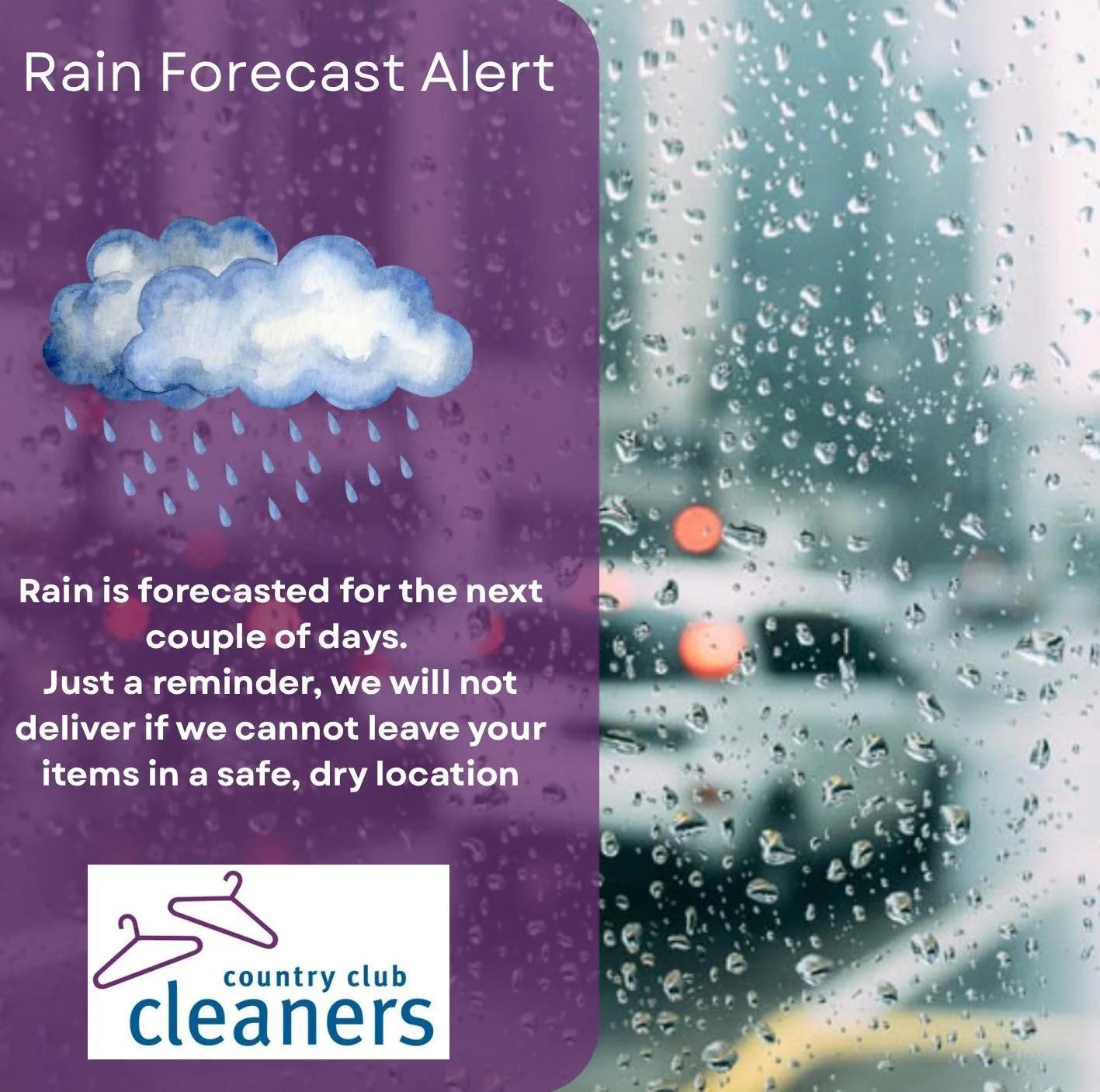 Rain forecast alert! 

Just a reminder, we will not deliver your items unless there is a safe, dry location for us.  Rain is forecasted for the next couple of days. 

#staydry  #staydry☔️ #AlamoCA #Drycleaning #sanramonca #diabloca #dublinca #country
