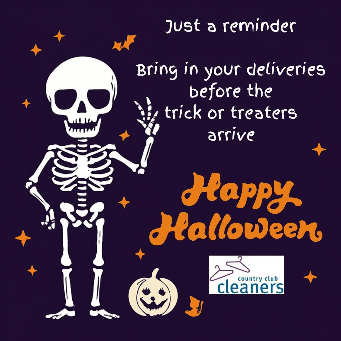 Happy Halloween!!

Don&rsquo;t forget to bring in those deliveries early and get ready for all the trick or treaters!

Wishing everyone a safe and happy Halloween! 

#AlamoCA #Drycleaning #sanramonca #diabloca #dublinca #countryclubcleaners #danville