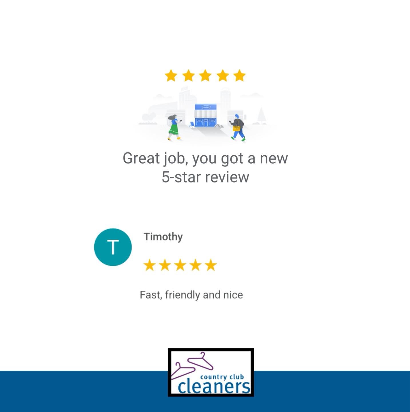 Thank you for the five star review Timothy! We appreciate it. 

#AlamoCA #Drycleaning #sanramonca #diabloca #dublinca #countryclubcleaners #danvilleca #livermoreca #pleasantonca #drycleaningpickupanddelivery #walnutcreekca #drycleaningdeliveryday #ca