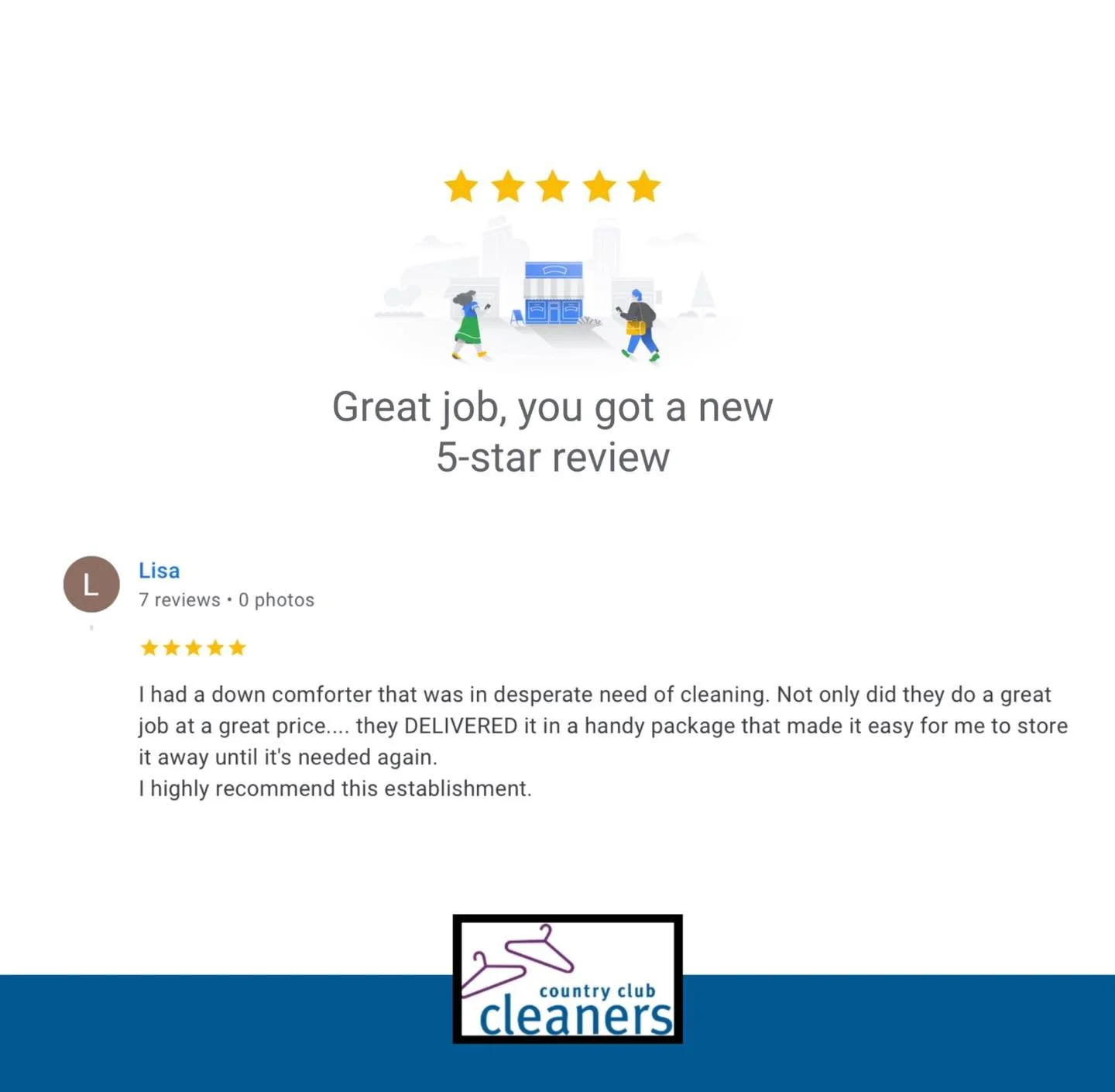 Thank you for the five stars Lisa! Glad you were happy with the comforter cleaning and how we returned it to you! The bags are super handy for long time storage!  Thanks again for the review! We also do all table linens and all of your other bedding 