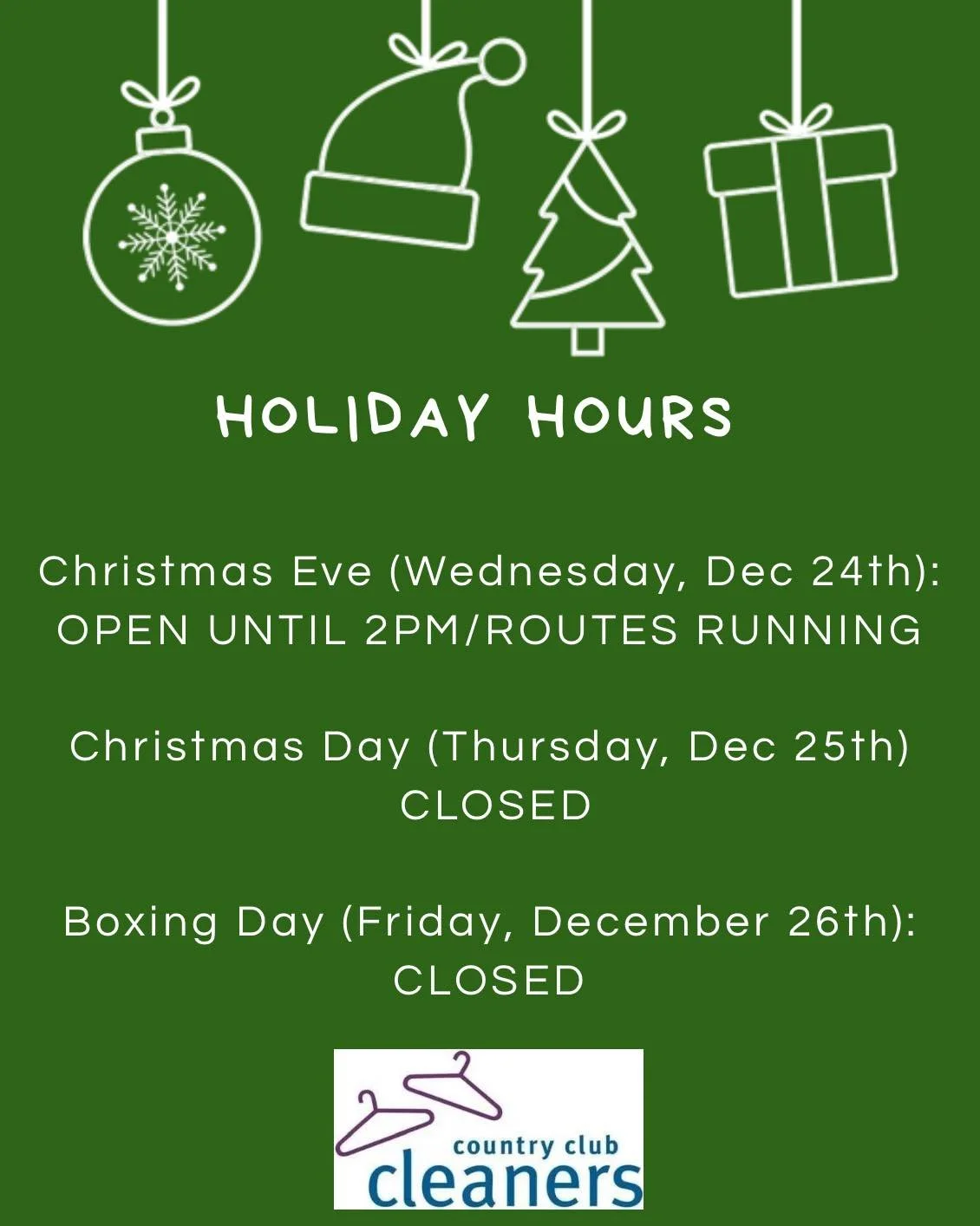 Our holiday hours this week!

Stores are open until 2pm on Christmas Eve.  Drivers will be out picking up and delivering. 

We are closed December 25th and December 26th. 

Stores are back open on Saturday, December 27th for regular hours.  Route ser