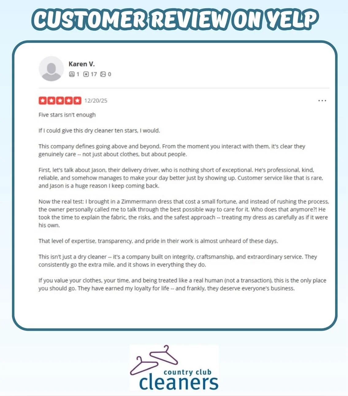 What a way to start a new year!  We have received so many wonderful reviews.  Thank you Karen for the yelp review! We greatly appreciate reading this and hearing wonderful things about our employees.  Jason has been with us for over ten years and is 