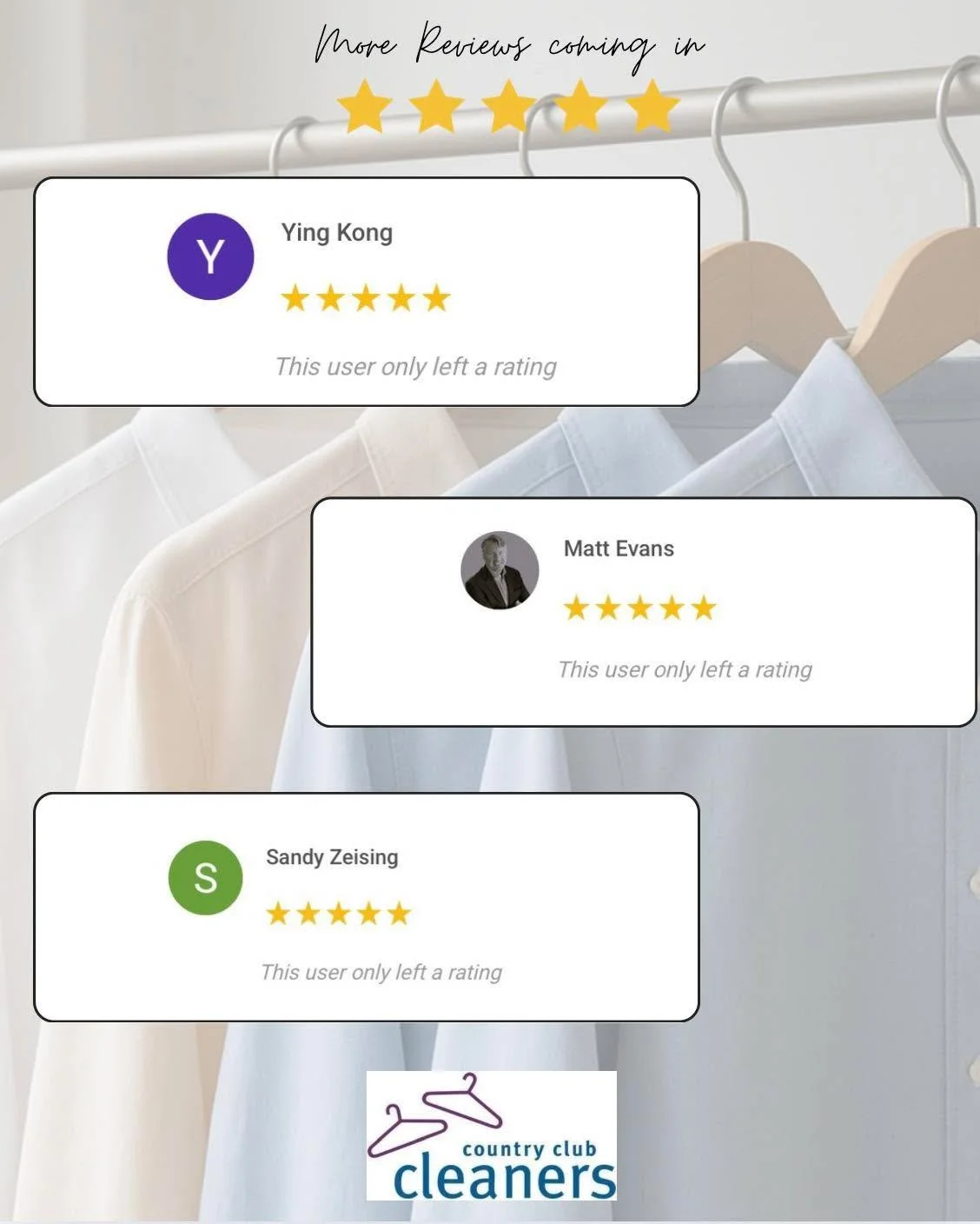 Ending the week with more five star reviews coming in! Thank you for the feedback! We appreciate the five star ratings! 

#googlereviews #fivestars #AlamoCA #Drycleaning #sanramonca #diabloca #dublinca #countryclubcleaners #danvilleca #livermoreca #p