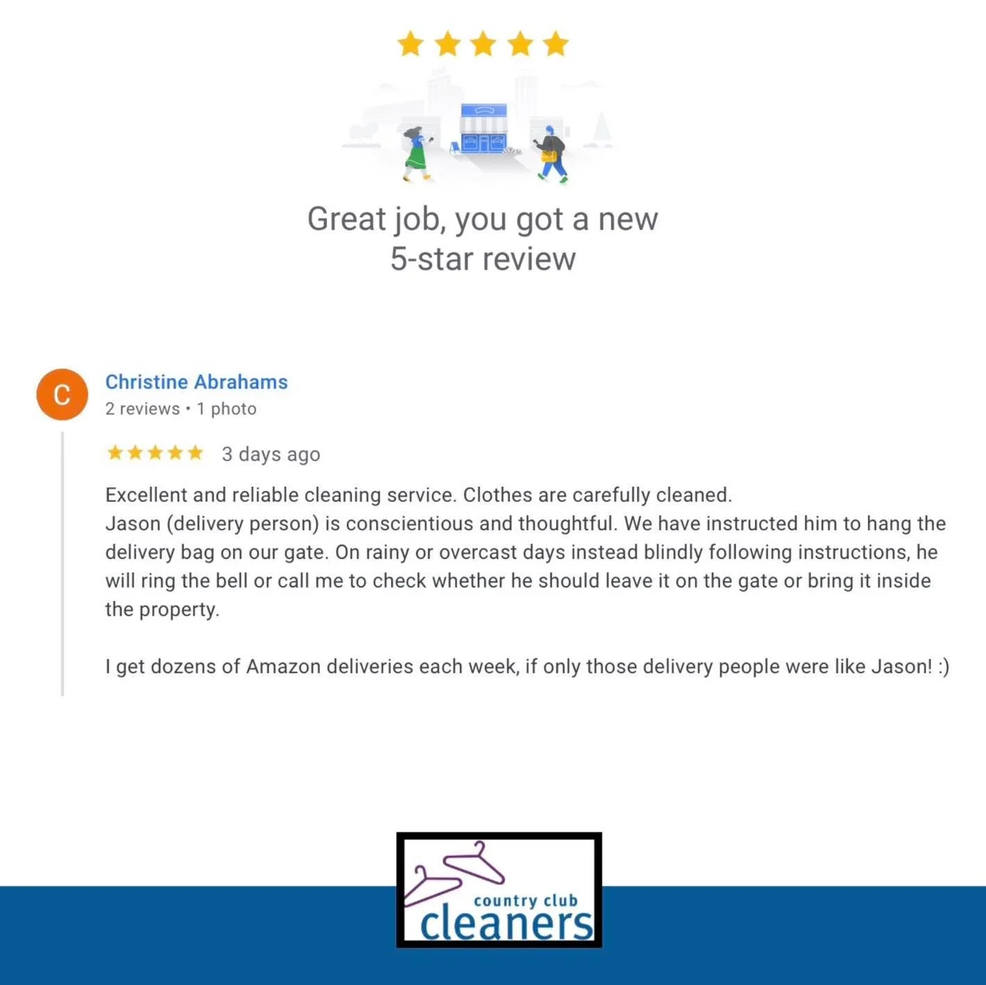 Thank you for the wonderful review Christine and mentioning our driver Jason! We are happy to hear he is providing you with excellent customer service. 

#fivestars #googlereview  #AlamoCA #Drycleaning #sanramonca #diabloca #dublinca #countryclubclea
