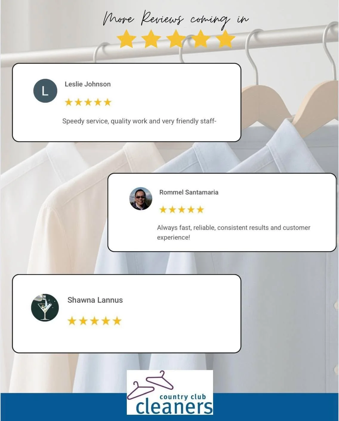 More reviews coming in! We greatly appreciate everyone who takes the time to leave us reviews on google and yelp!  The reviews really help local businesses and we love getting positive feedback from our customers.  Thank you Leslie, Rommel and Shawna
