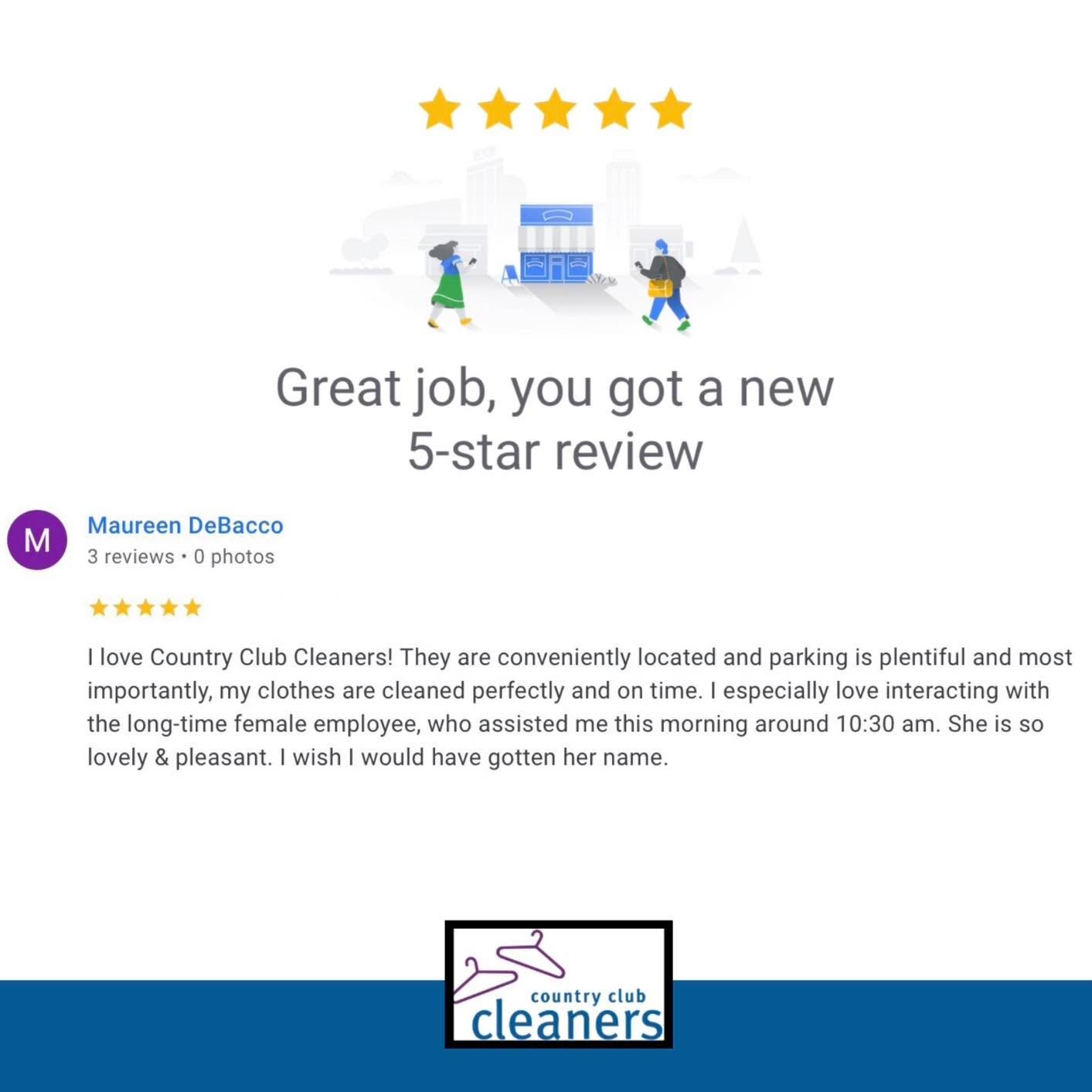 Thank you for the wonderful review Maureen! You must be referring to Janet who is always at our San Ramon location. We will pass this along to her!  We appreciate you taking the time to leave us a review! 

#googlereviews #fivestars #AlamoCA #Dryclea