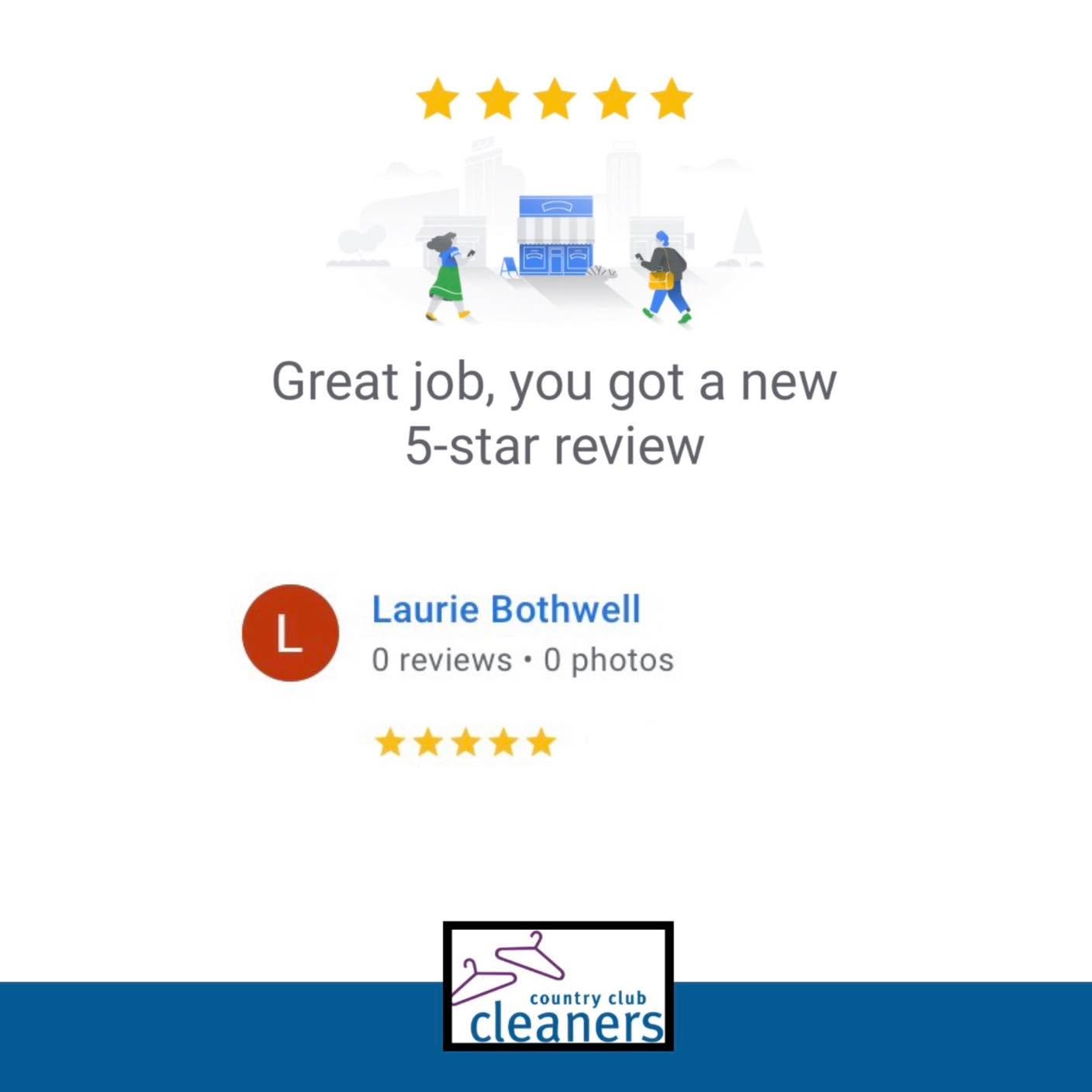 Thank you for the five stars Laurie! We appreciate you taking the time to leave us a review. 

#googlereview #fivestars  #AlamoCA #Drycleaning #sanramonca #diabloca #dublinca #countryclubcleaners #danvilleca #livermoreca #pleasantonca #drycleaningpic