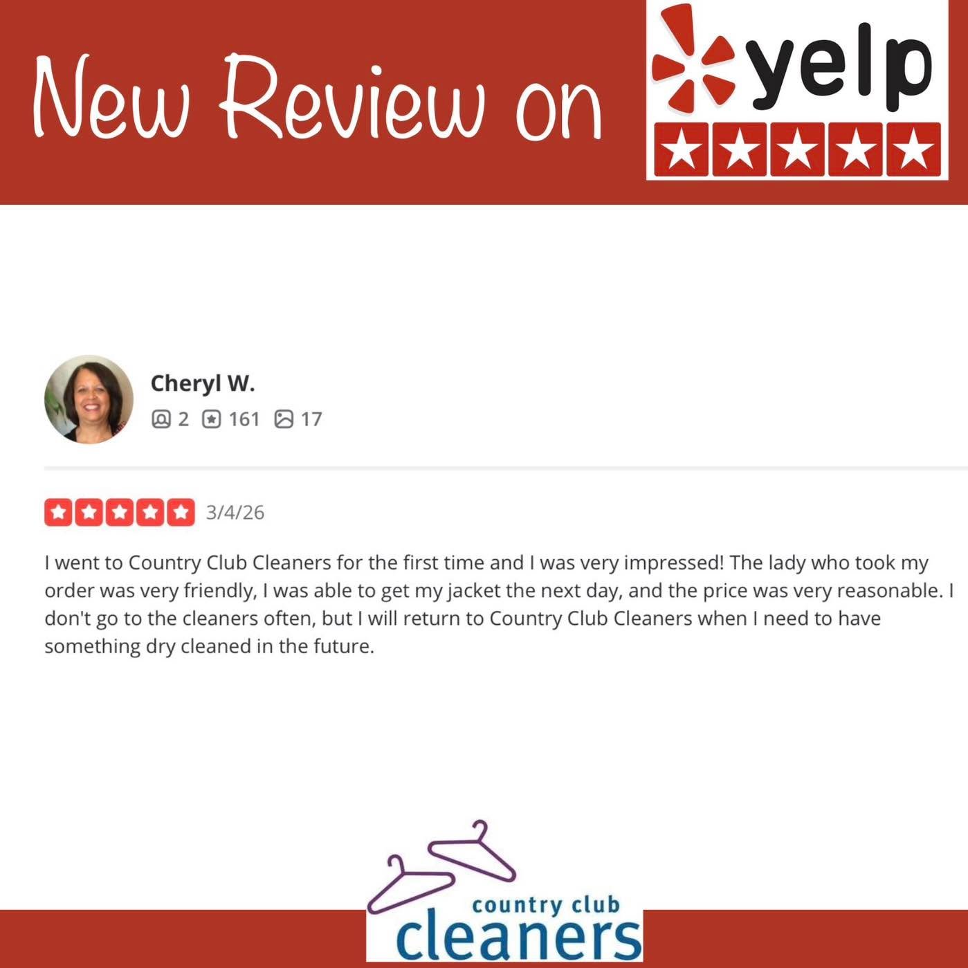 Thank you Cheryl for the yelp review! We look forward to seeing you again soon!

https://yelp.com/biz/country-club-cleaners-san-ramon?hrid=OGUSVZgsmXRJiWR4GbLorQ&amp;utm_medium=copy_link&amp;utm_source=biz_post_share&amp;l=en_US

#yelpreview #fivesta