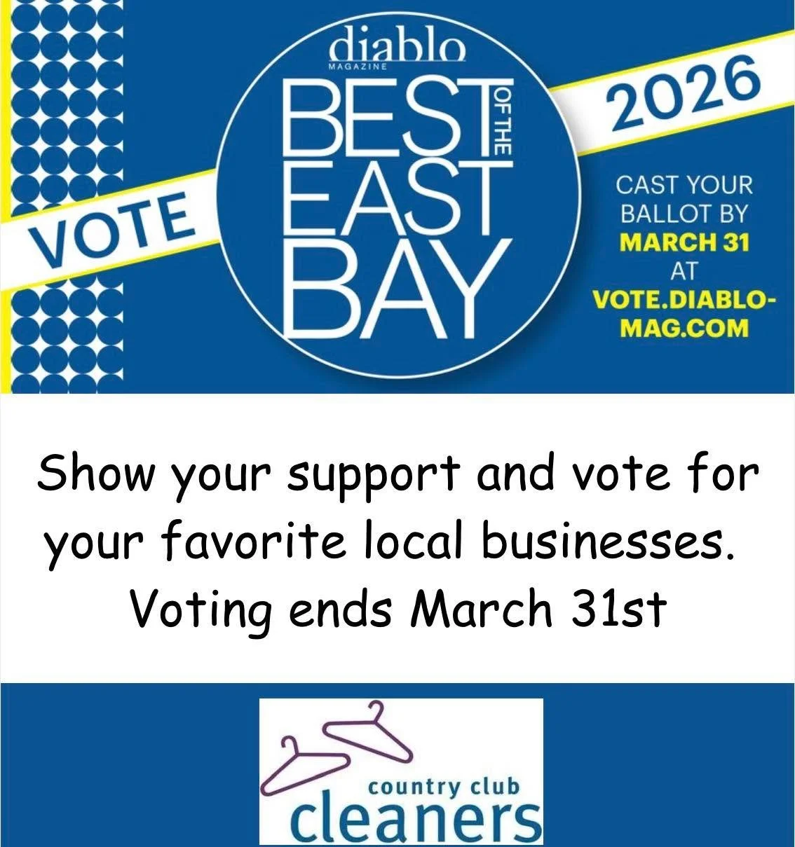 It&rsquo;s that time of year to show your support for local businesses and vote for your favorites for Diablo Magazine&rsquo;s Best of the East Bay!

Vote Country Club Cleaners as your favorite dry cleaners! 

https://vote.diablomag.com/

#diablomaga