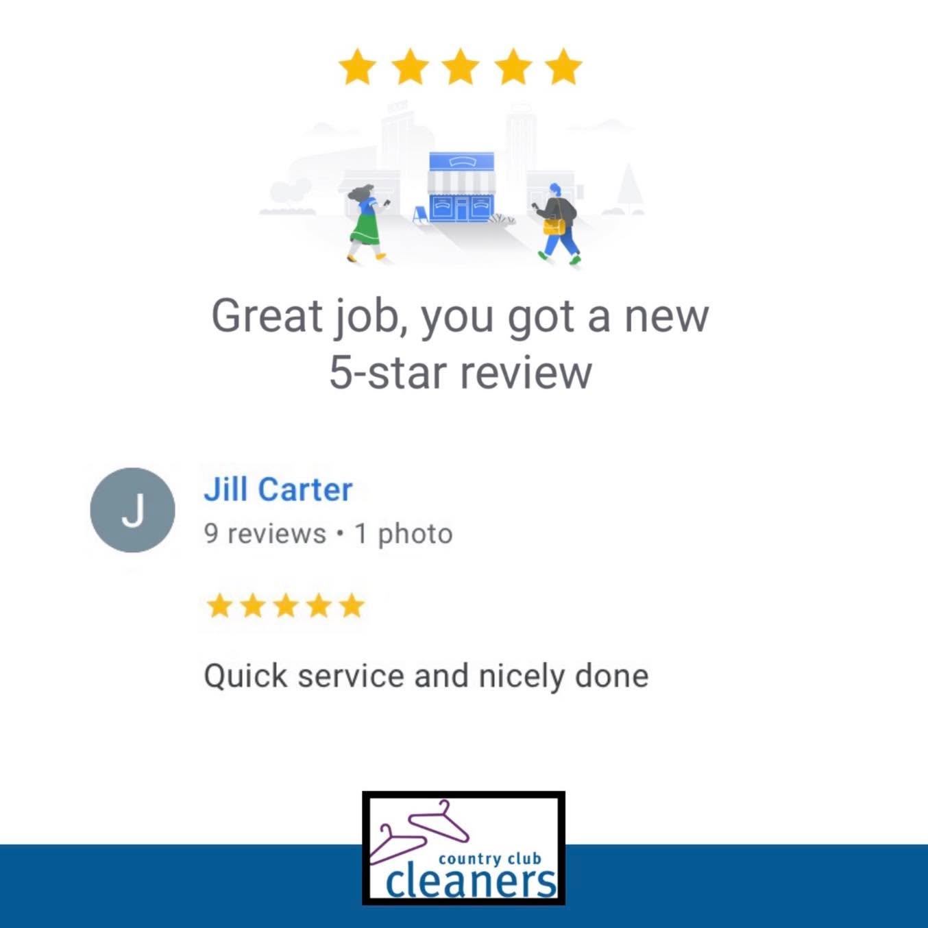 Thanks for the five stars Jill! Quick, high quality service is what we strive for! 

#fivestars #googlereview  #AlamoCA #Drycleaning #sanramonca #diabloca #dublinca #countryclubcleaners #danvilleca #livermoreca #pleasantonca #drycleaningpickupanddeli
