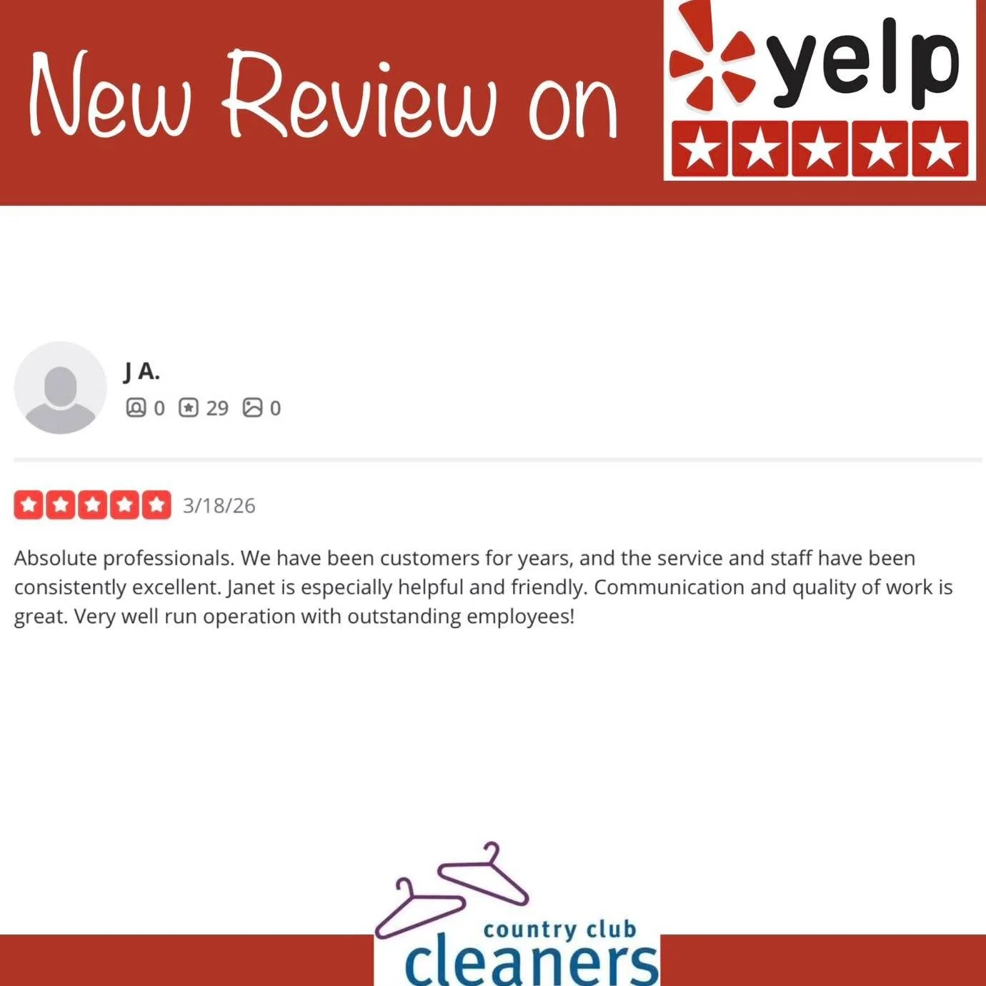 Thanks for the five star review on yelp! we will pass this along to Janet.  We really appreciate you taking the time to leave a review and shout out our employee! 

#yelpreview #fivestars  #AlamoCA #Drycleaning #sanramonca #diabloca #dublinca #countr