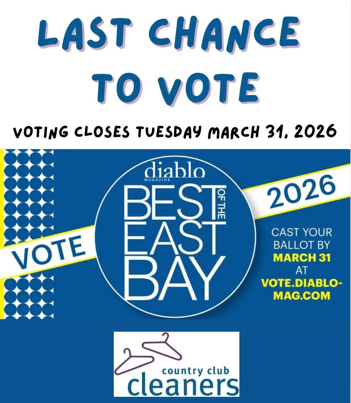 Last Chance to vote for Diablo Magazine&rsquo;s Best of the East Bay! Support your favorite local businesses!

Voting ends Tuesday, March 31, 2026

https://vote.diablomag.com/shopping-and-services

#diablomagazinebestoftheastbay  #diablomagazinebesto