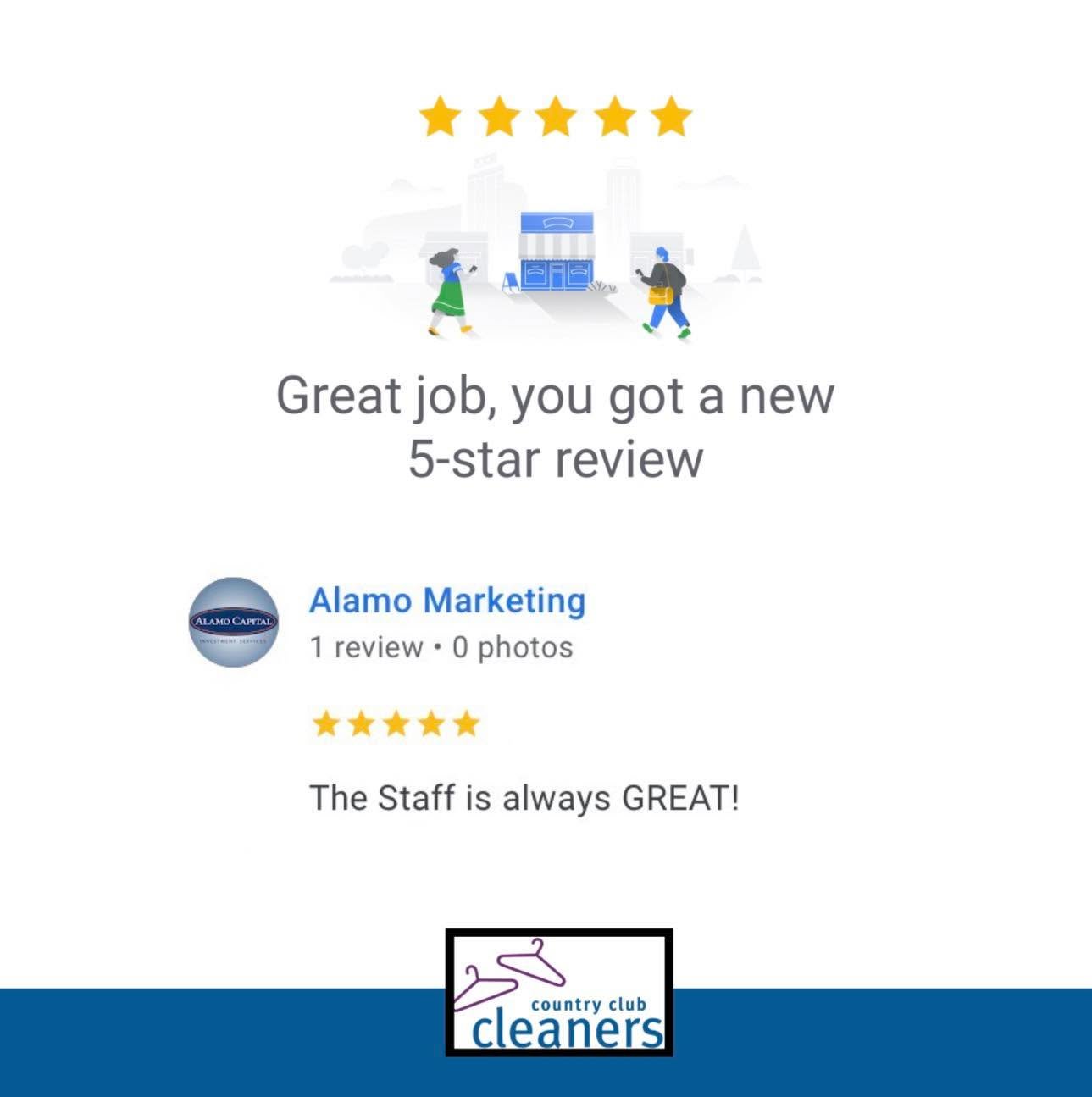 Thanks for the review! We appreciate you taking the time to leave the review and let us know about our staff! We will pass this along to them! 

#googlereview #fivestars  #AlamoCA #Drycleaning #sanramonca #diabloca #dublinca #countryclubcleaners #dan