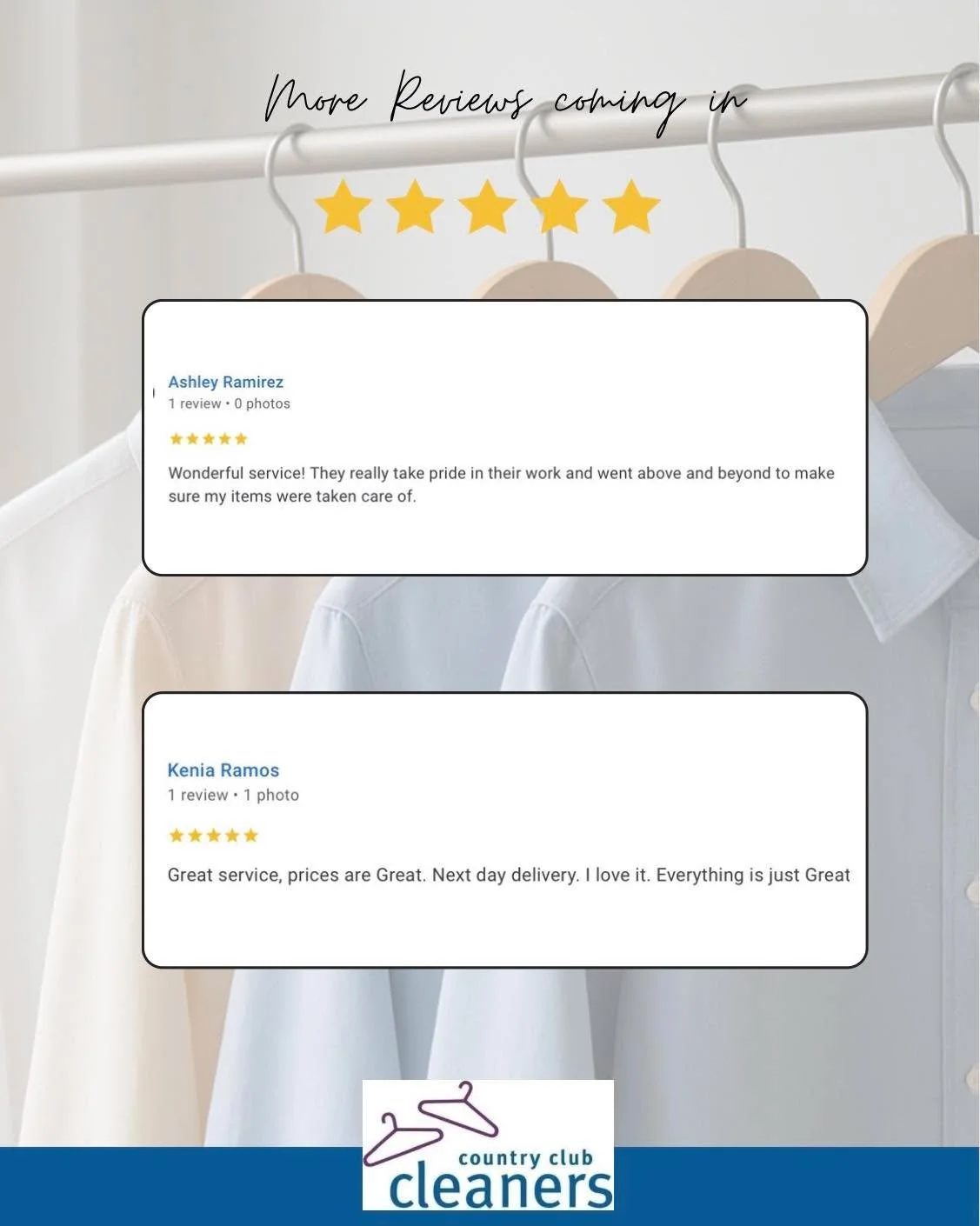 Thank you Ashley and Kenia for the reviews! We appreciate you taking the time to leave them and are thrilled you are happy with our service. Thank you again. 

#AlamoCA #Drycleaning #sanramonca #diabloca #dublinca #countryclubcleaners #danvilleca #li