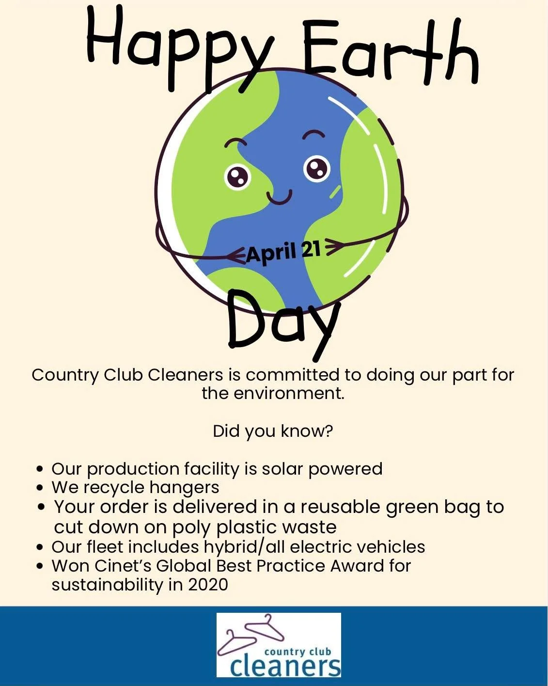 Happy Earth Day!

#earthday 
#AlamoCA #Drycleaning #sanramonca #diabloca #dublinca #countryclubcleaners #danvilleca #livermoreca #pleasantonca #drycleaningpickupanddelivery #walnutcreekca #drycleaningdeliveryday #castrovalleyca #moragaca #orindaca #l