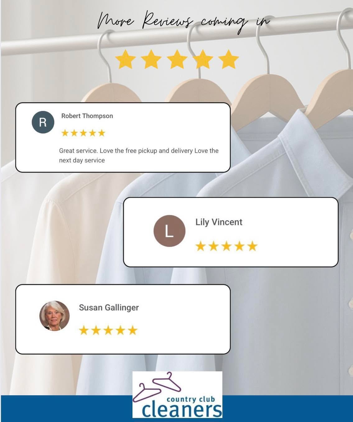 Starting off the week strong with three new reviews! Thank you Robert, Lily and Susan for taking the time to leave us a google review.  We appreciate it!

#googlereview #fivestars  #AlamoCA #Drycleaning #sanramonca #diabloca #dublinca #countryclubcle