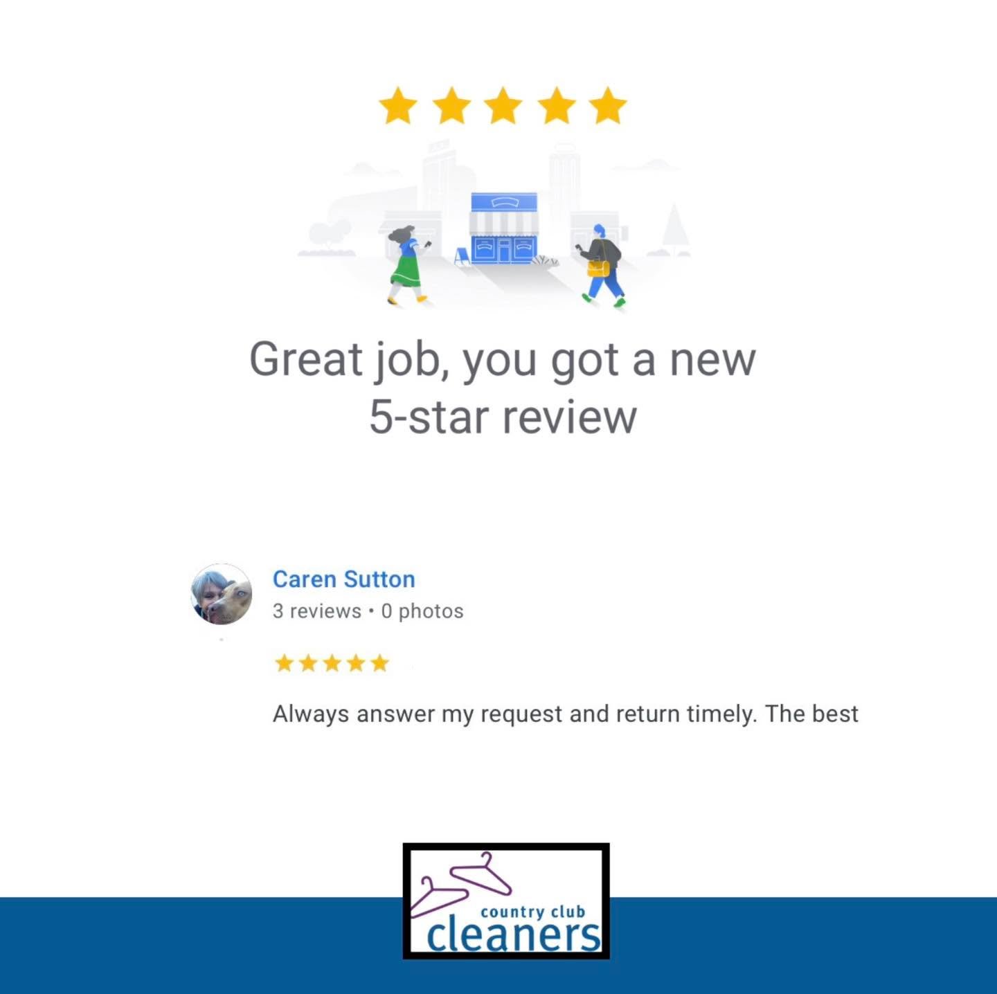Thanks for the review Caren!  We appreciate it! 

#AlamoCA #Drycleaning #sanramonca #diabloca #dublinca #countryclubcleaners #danvilleca #livermoreca #pleasantonca #drycleaningpickupanddelivery #walnutcreekca #drycleaningdeliveryday #castrovalleyca #
