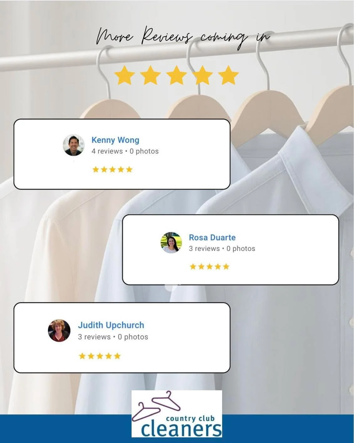 Rounding out the week with more reviews coming in! Thank you Kenny, Rosa and Judith for the five stars! 

#fivestars #googlereviews  #googlereviews5star  #AlamoCA #Drycleaning #sanramonca #diabloca #dublinca #countryclubcleaners #danvilleca #livermor