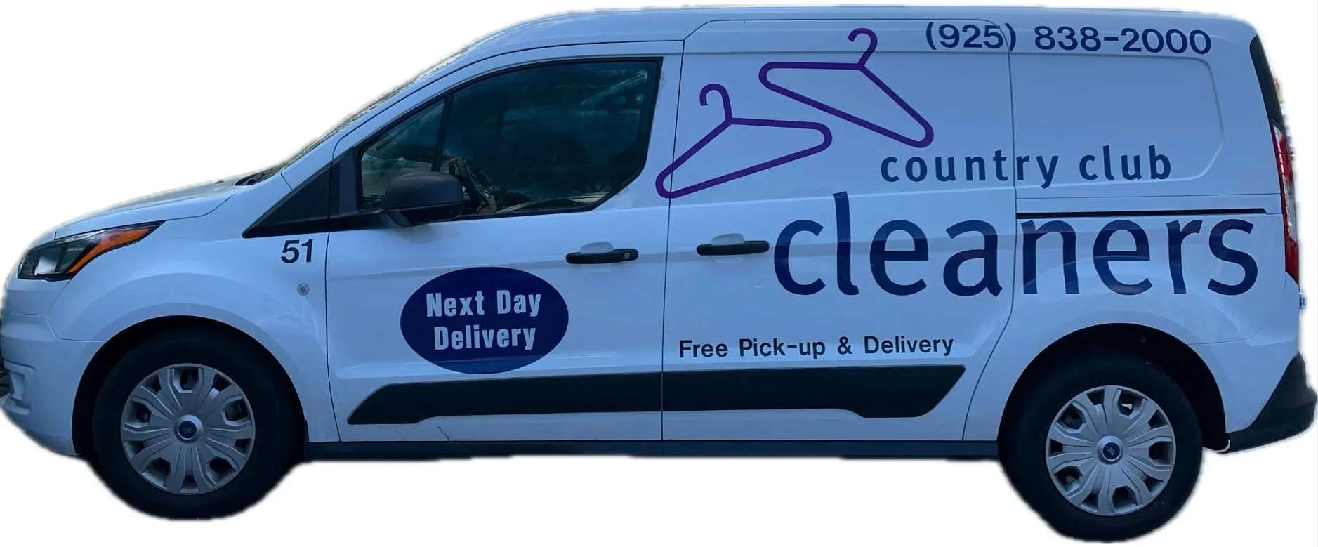 Image shows white ford transit delivery vehicle that says Country Club Cleaners and next day delivery