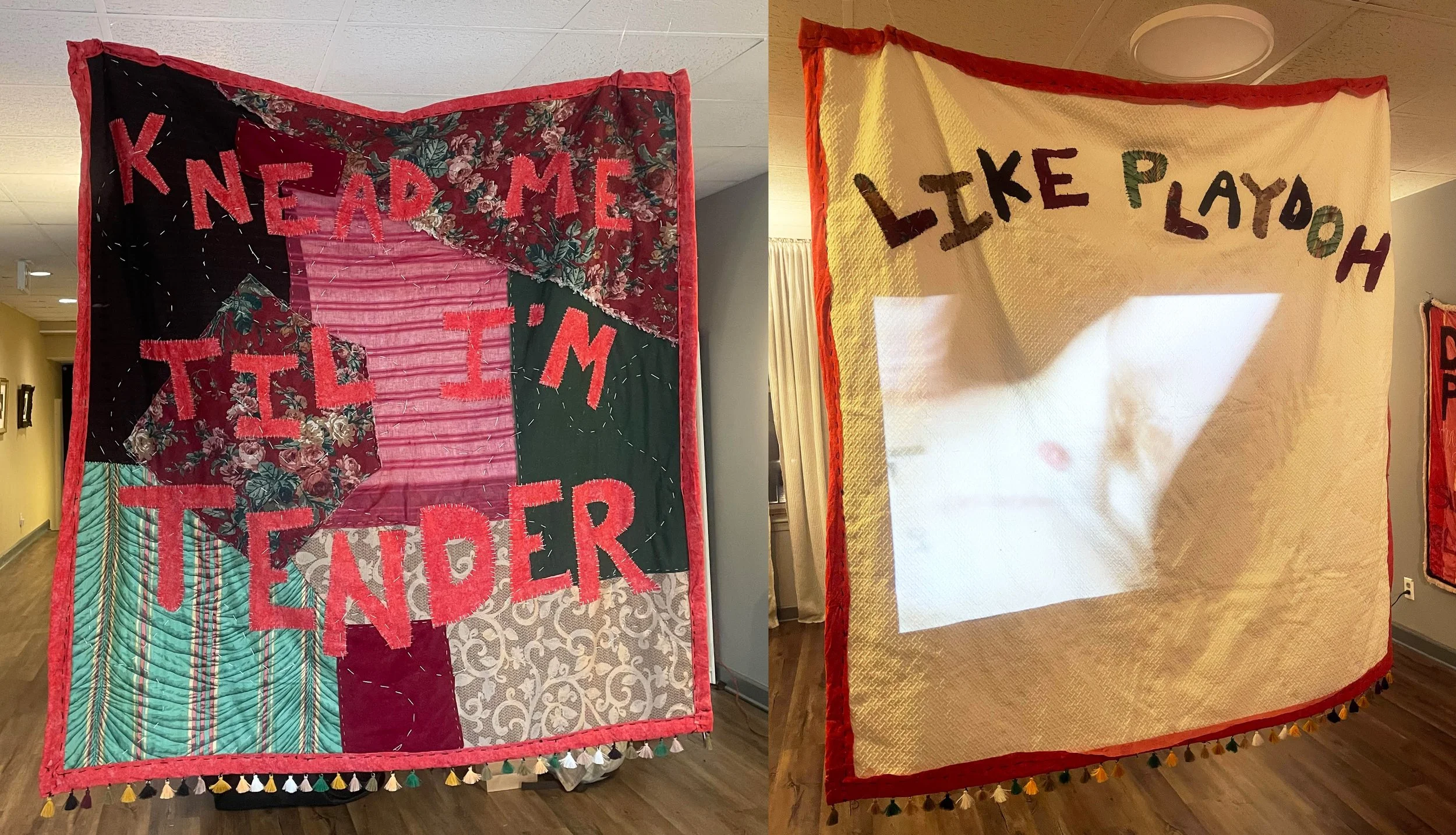  knead me til i’m tender like play doh  quilt and applique blanket with video projection  45" x 68"  2025 