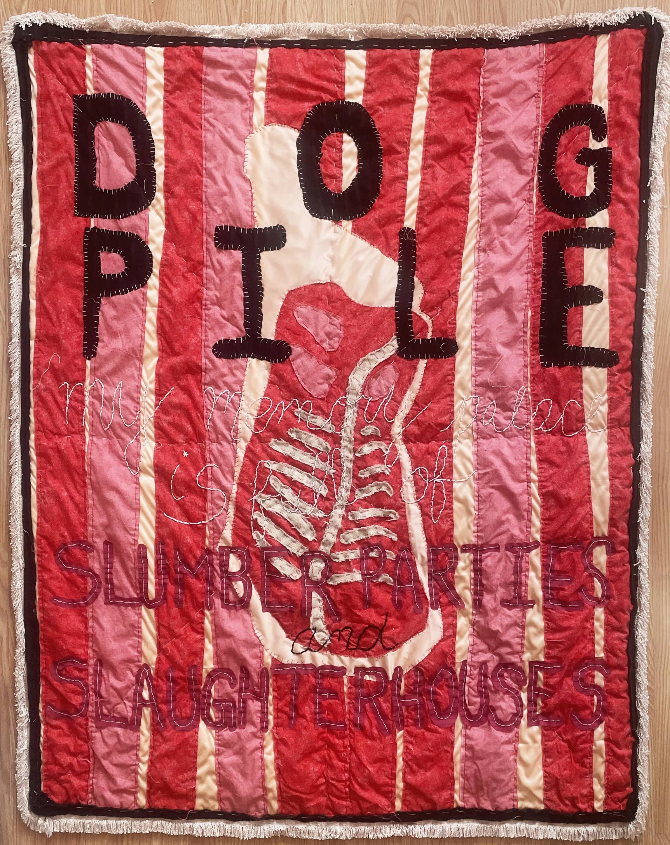  dog pile / my memory palace is full of slumber parties and slaughterhouses  applique blanket  48" x 60"  2025 