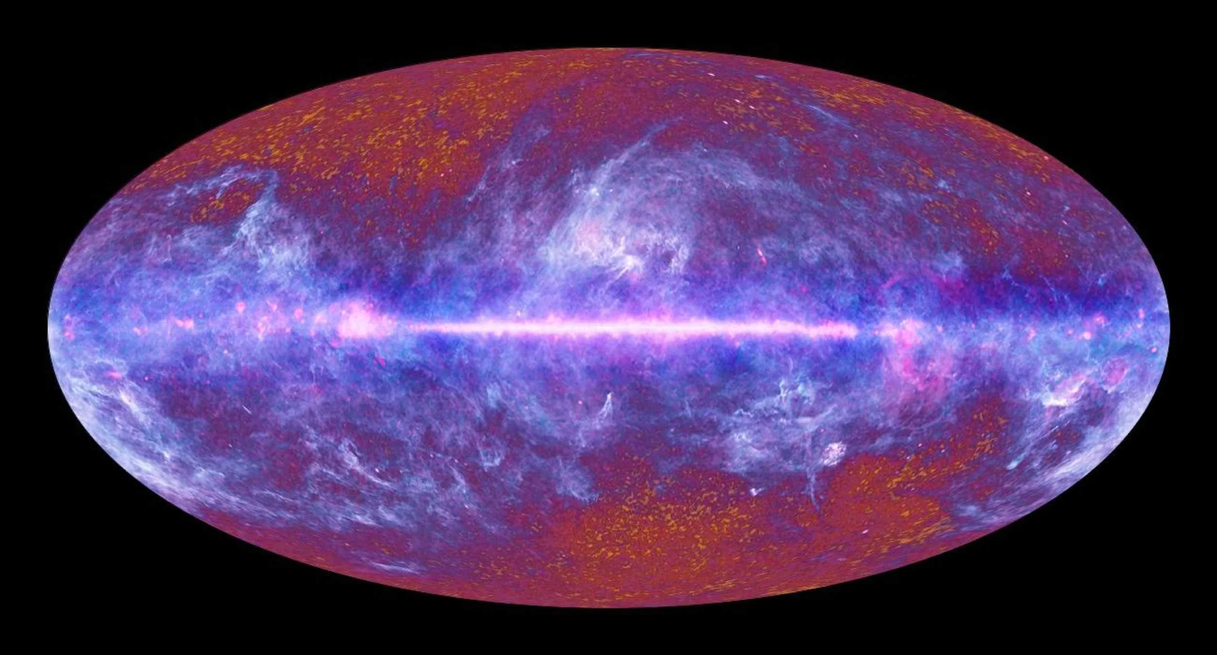 Vue d’artiste du fond diffus cosmologique, réalisée à partir des relevés photographiques du satellite Planck, 2010