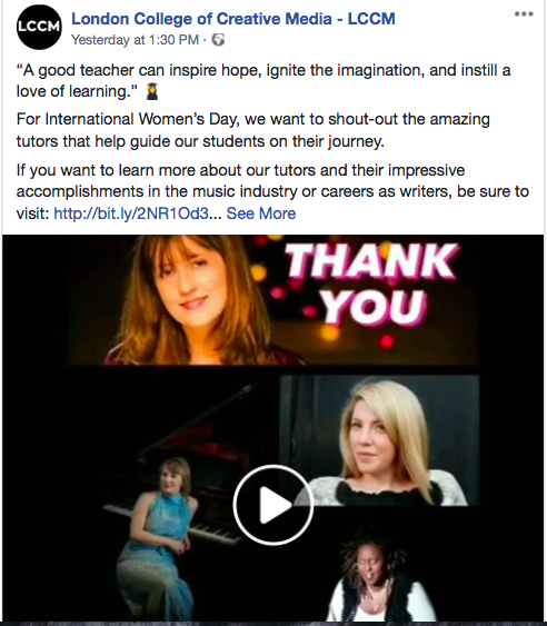 Facebook post by London College of Creative Media (LCCM) - 8/3/19
