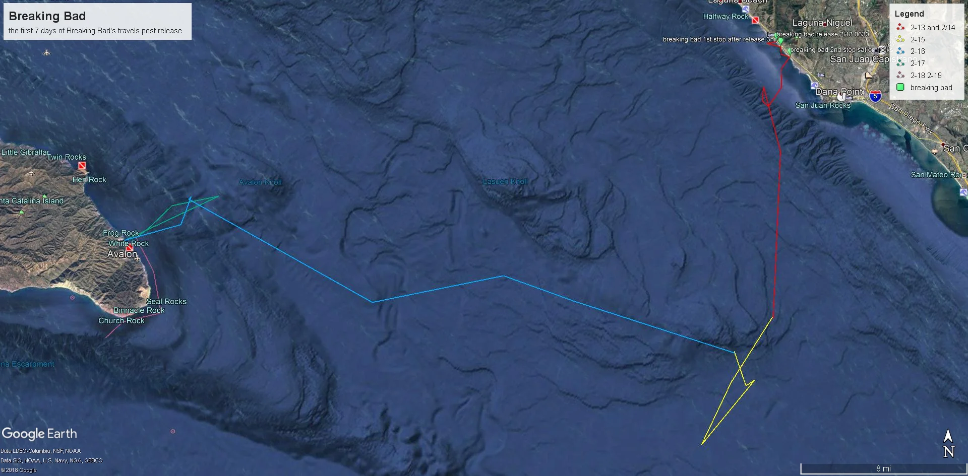 After a slow relaxing release on February 13, 2019, with rest breaks at camel point and 1000 steps beach, Breaking bad decided to move off the mainland head to the island of Catalina, spending a day just north of Avalon Bay. While here he was moving between the mainland island and the Avalon Knoll area, before heading around the south tip of the island on the 19th.