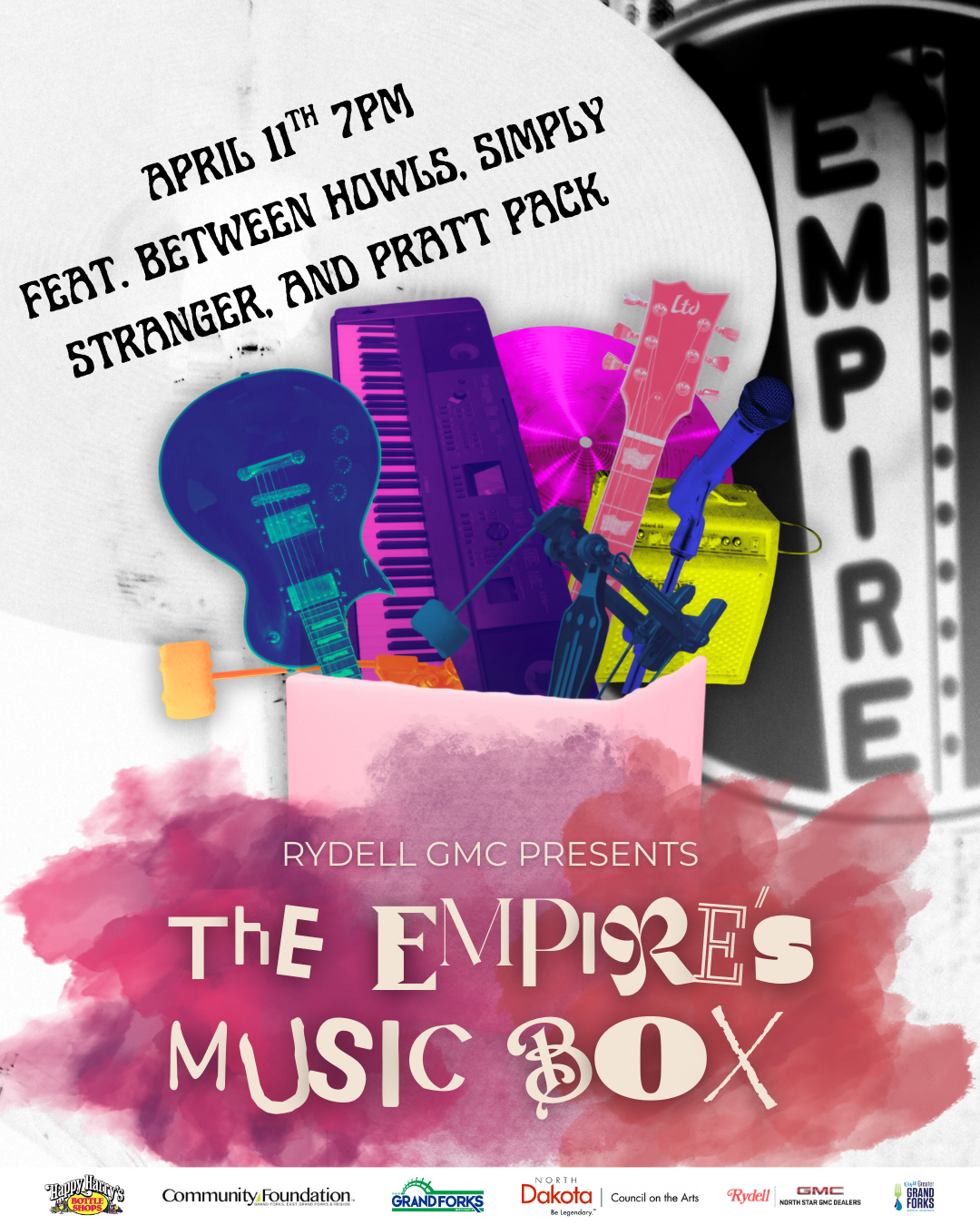 Bright Colored Instruments coming out of a box, with mismatched fonts spelling out the title of the show and the Empire Logo in the background