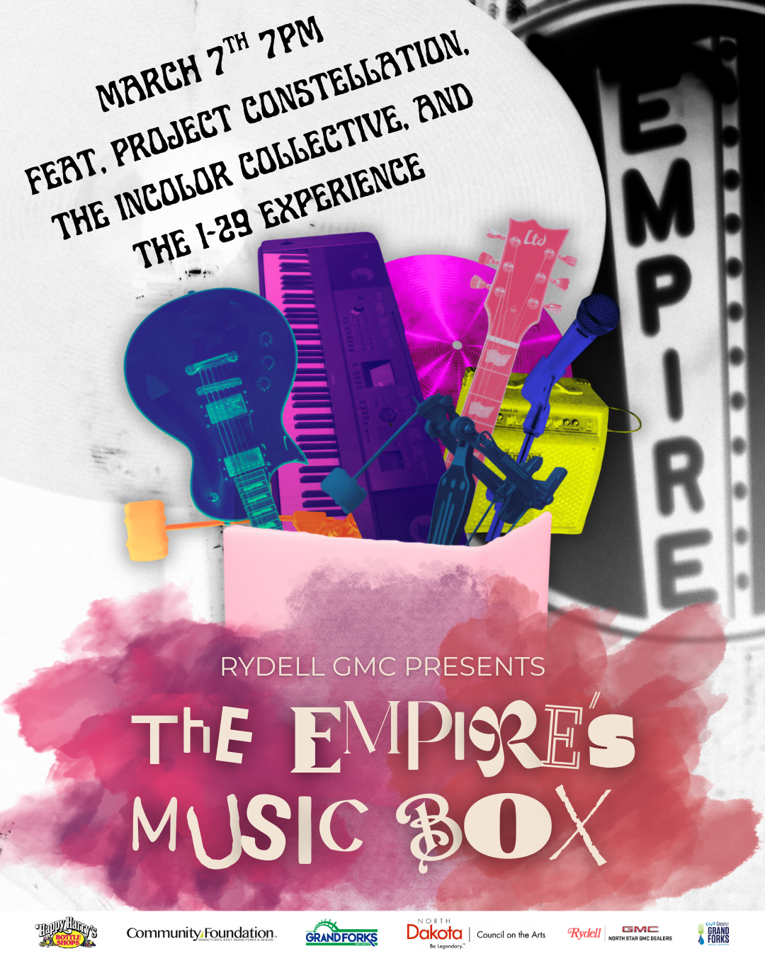 Bright Colored Instruments coming out of a box, with mismatched fonts spelling out the title of the show and the Empire Logo in the background