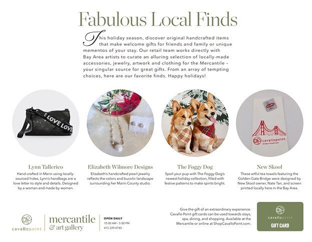 Our &lsquo;fabulous local finds&rsquo; holiday edition is out! Let&rsquo;s all support local artisans and consciously #shopsmall this season. #shoplocal #supportlocal #holidaygifts #sanfrancisco #marincounty #seasonofgiving #shopcavallopoint