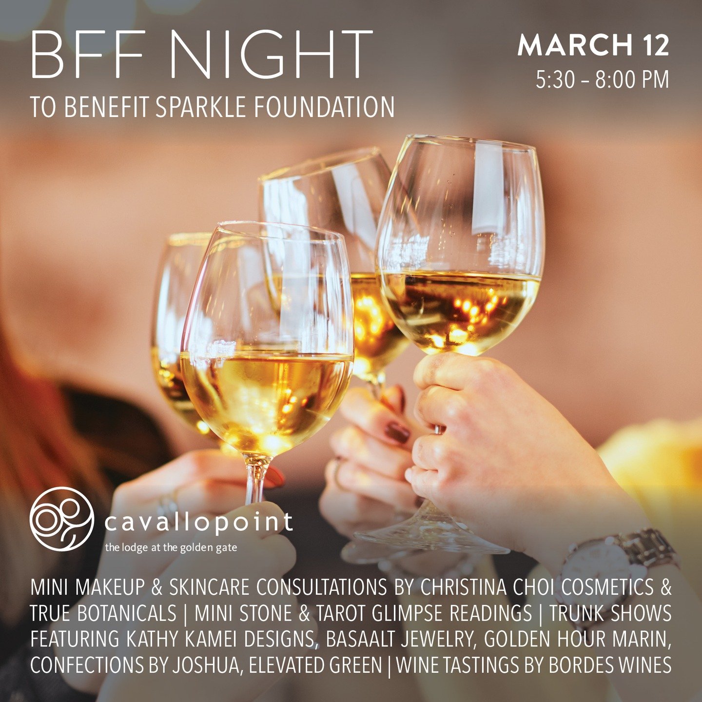 ✨ 7 days to go ✨
Join us for BFF Night on Thursday, March 12, 5:30&ndash;8PM at the Cavallo Point Mercantile &amp; Art Gallery.
Enjoy wine tastings, trunk shows, mini beauty consultations, tarot readings, and sweet treats, all while shopping for a ca
