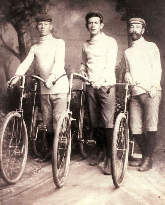 Three men on bicycles, circa 1890