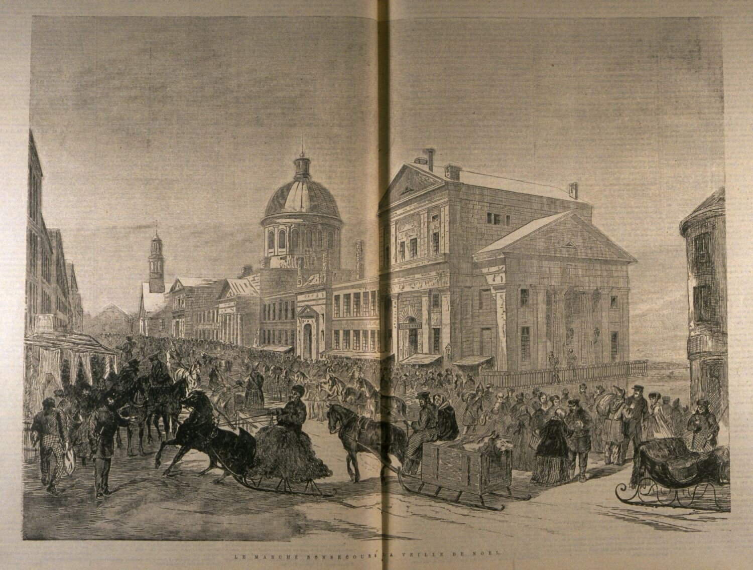 1870 drawing of Marché Bonsecours on Christmas Eve (BAnQ)