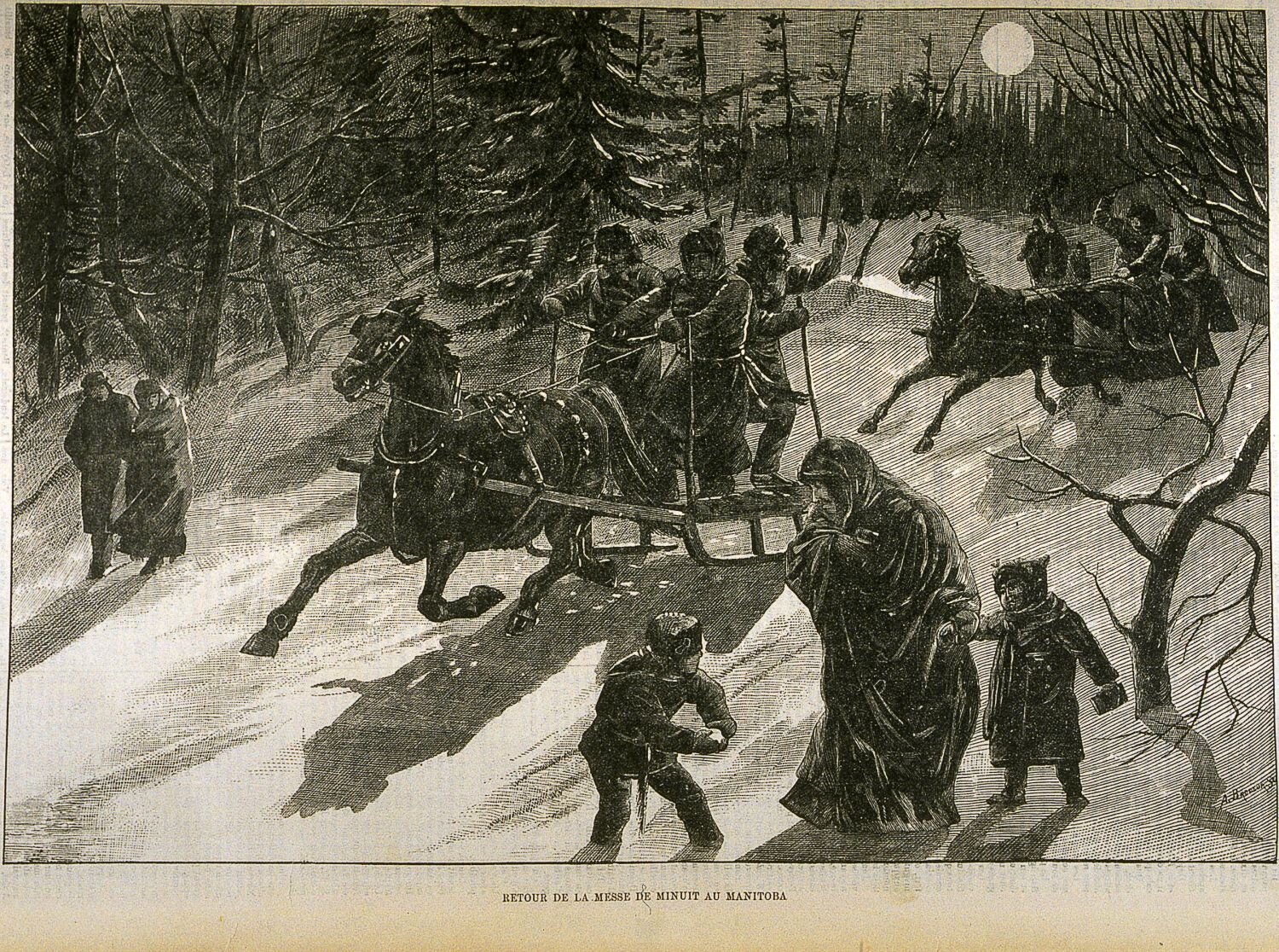 1880 drawing of the "Return from Midnight Mass in Manitoba" (BAnQ)