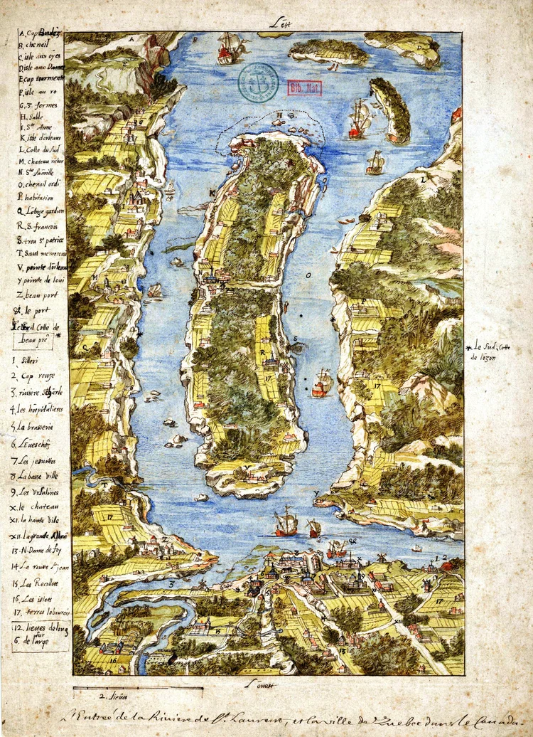 « L'entrée de la Rivière du St-Laurent, et la ville de Québec dans le Canada ». Carte attribuée au cartographe Jean-Baptiste Franquelin, crée entre 1670 et 1693. Bibliothèque nationale de France.