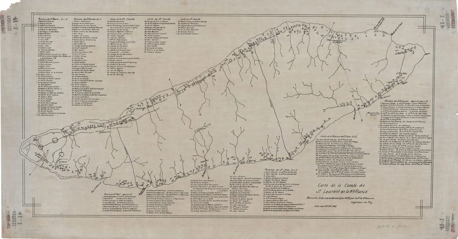 Carte de la Seigneurie de l'Île-d'Orléans mesurée précisément en 1689 par le Sieur de Villeneuve. 347 noms de propriétaires sont inclus. Bibliothèque et archives nationales du Québec.