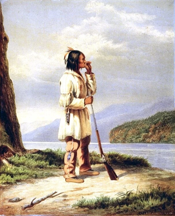 « Chasseur Huron-Wendat appelant un orignal » par Cornelius Krieghoff, vers 1868. Wikimedia Commons.