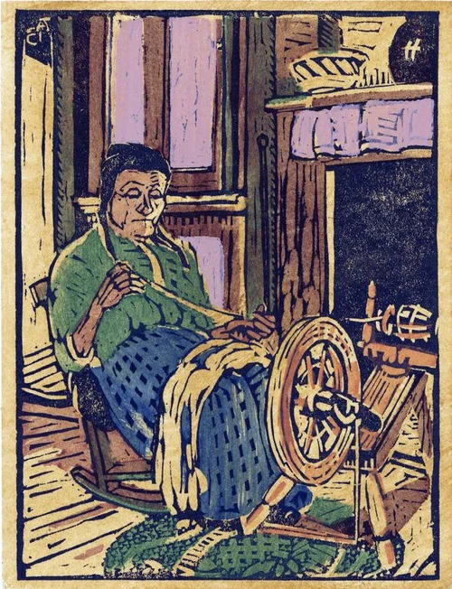 « La fileuse, Île-d'Orléans ». Estampe de 1927 par André Biéler. Bibliothèque et archives nationales du Québec.