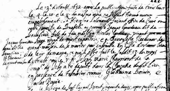 Le mariage de Jacques Gourdeau et Éléonore de Grandmaison à l’Île-d’Orléans (enregistré à Québec)