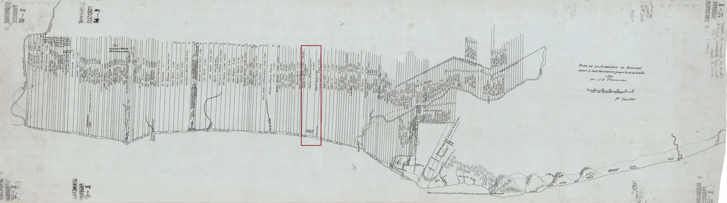 1751 Map of the Seigneurie Côte-de-Beaupré created by Ignace Plamondon, listing land owners (Bibliothèque et Archives nationales du Québec)